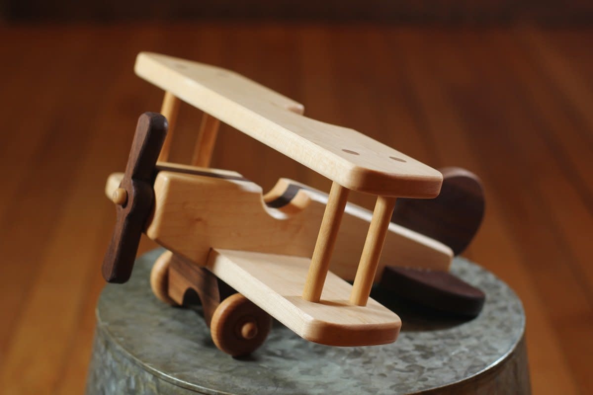 wooden toy biplane