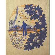 Volume One Wood Postcard - Farmer Raking Leaves
