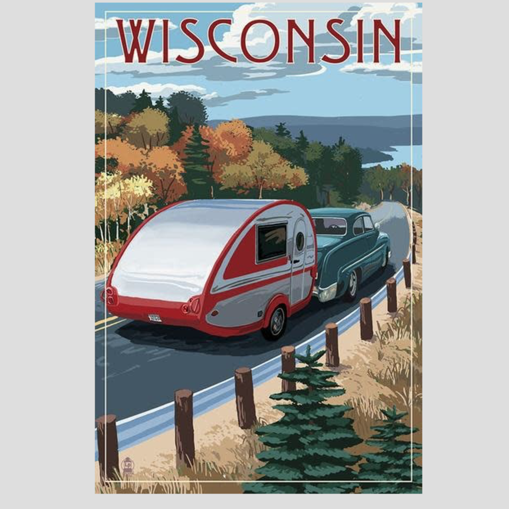 Wisconsin Retro Camper & Lake Print (12x18)