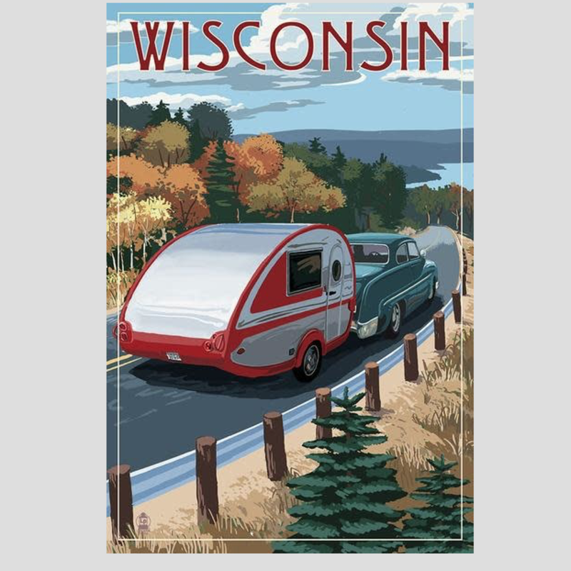 Lantern Press Wisconsin Retro Camper & Lake Print (12x18)