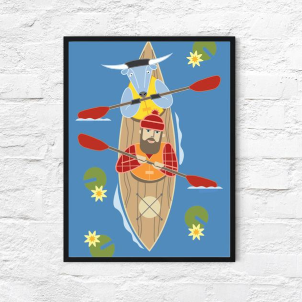 Cindy Lindgren Paul Bunyan and Babe the Blue Ox Kayak (18x24)
