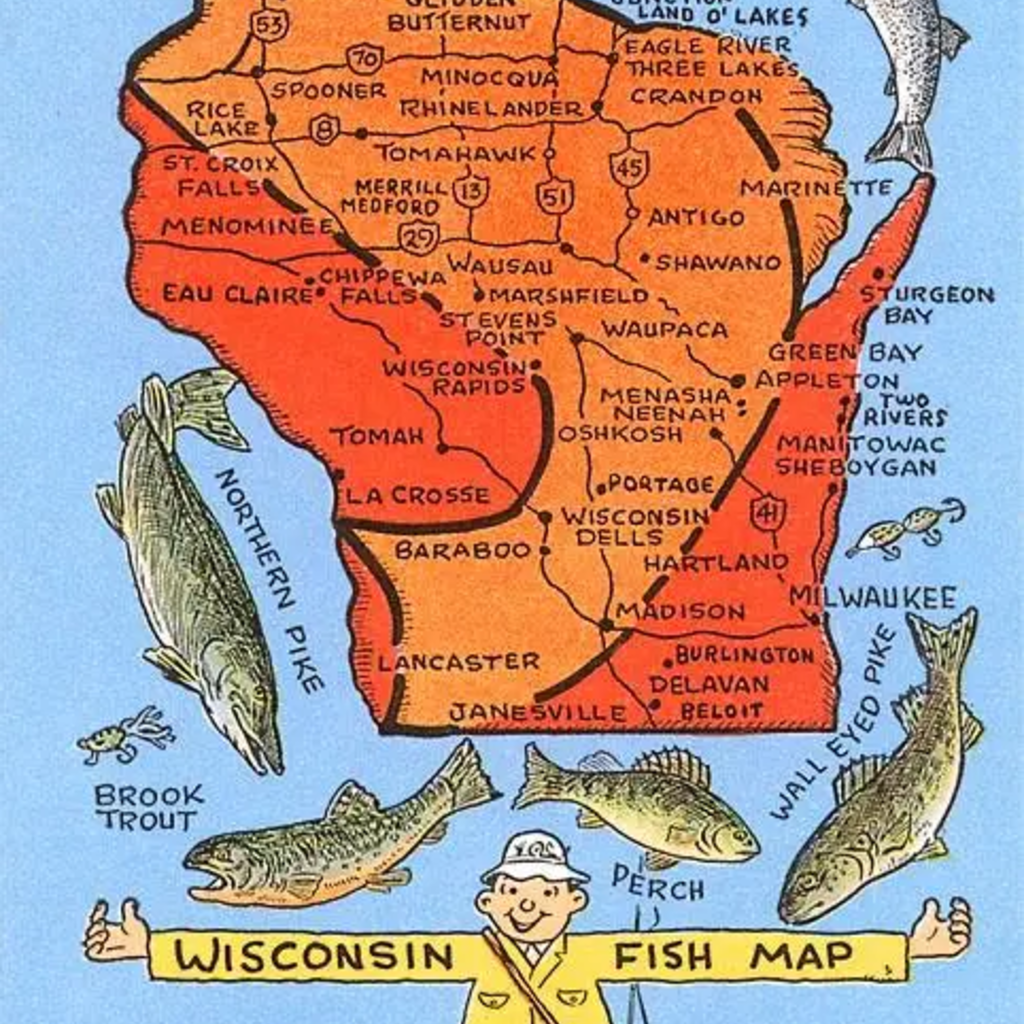 Found Image Press Fishing Map of Wisconsin Vintage Print (12.5x18)