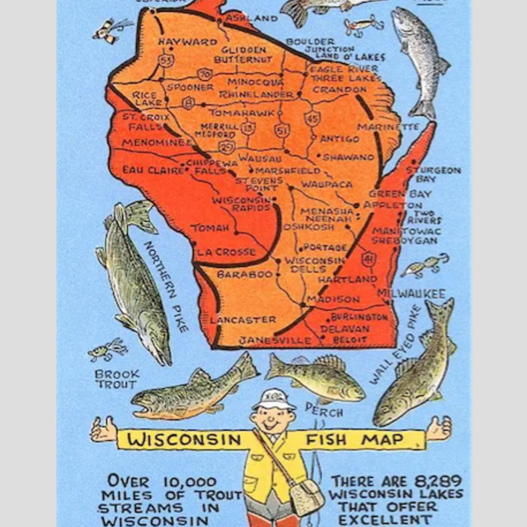 Found Image Press Fishing Map of Wisconsin Vintage Print (12.5x18)