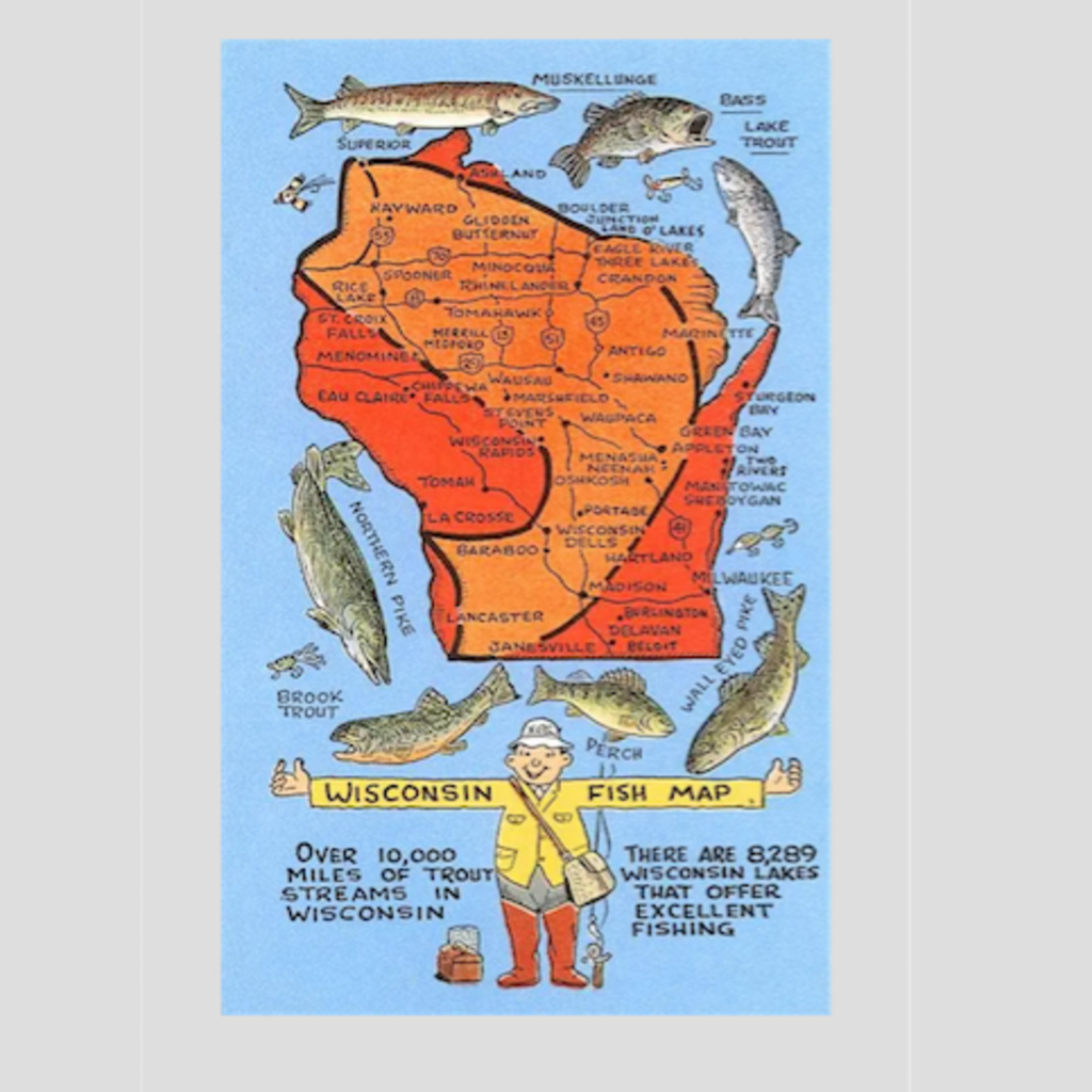 Found Image Press Fishing Map of Wisconsin Vintage Print (12.5x18)