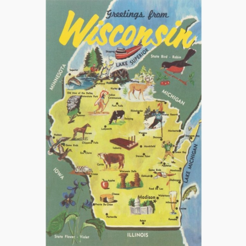 Found Image Press (WI-439) Postcard - Greetings from Wisconsin (Green / Gold)