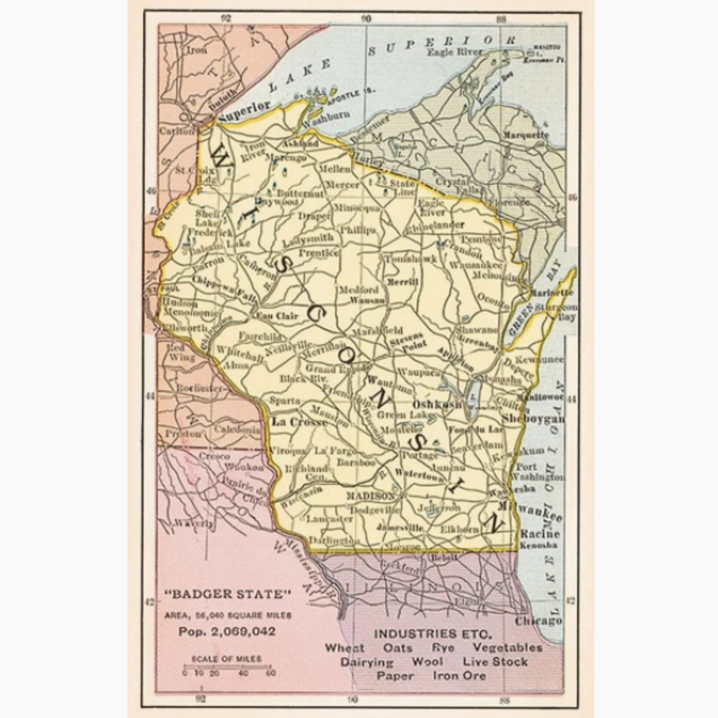 Found Image Press Postcard WI-253 Map of Wisconsin
