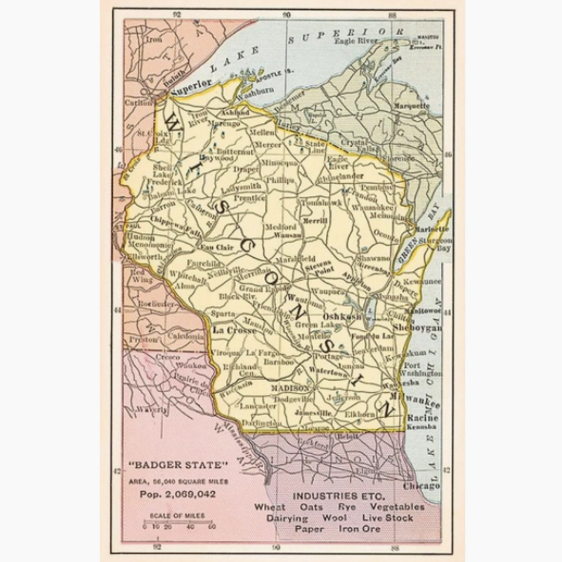 Found Image Press Postcard WI-253 Map of Wisconsin