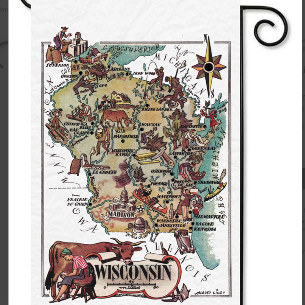 Flags Galore Decor and More Wisconsin Liozu Map - Garden Flag 12x18