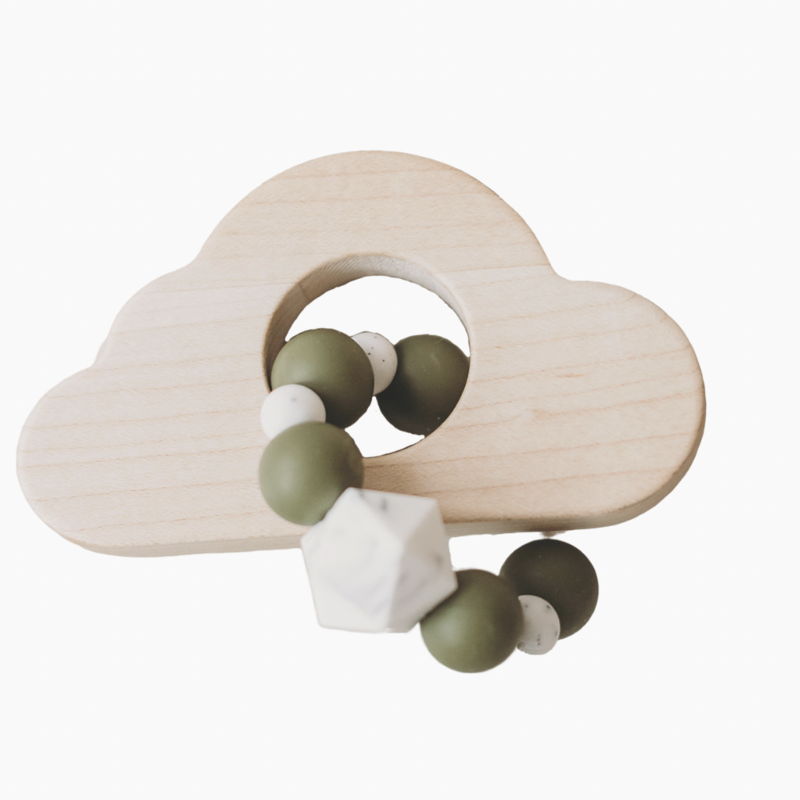 Cloud Wood and Silicone Bead Teether (Olive Green)