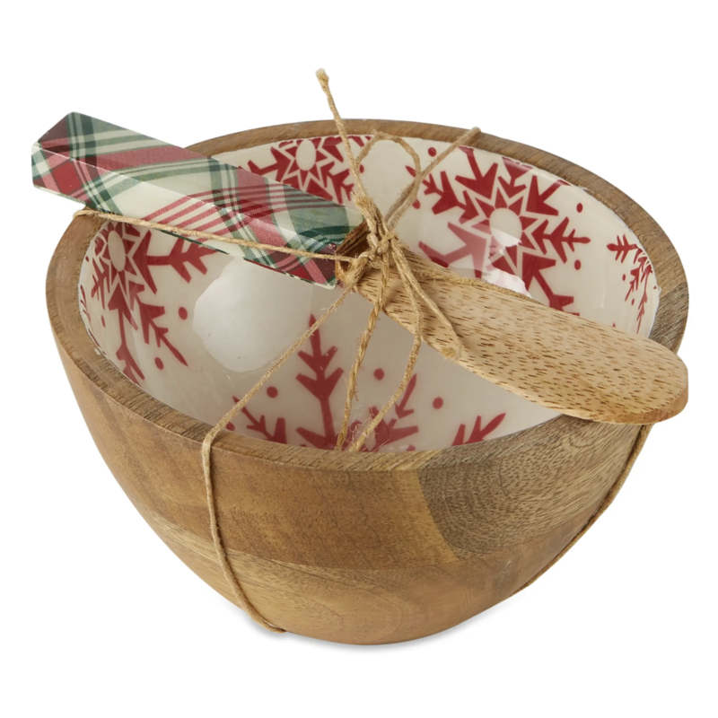 Snowflakes Enamel Wood Bowl Spreader Set