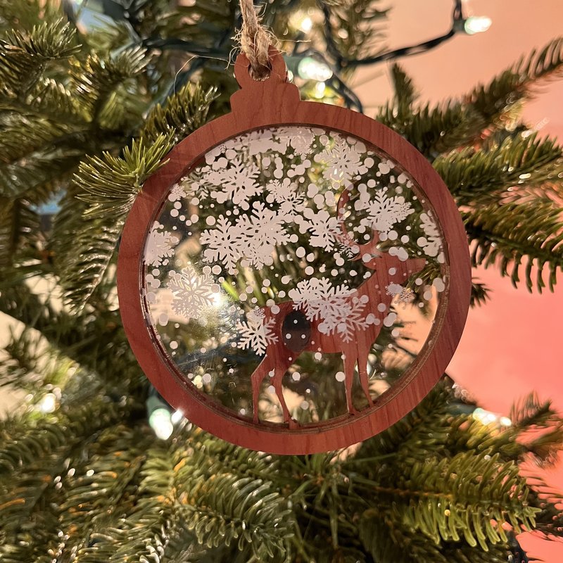 Woodchuck Ornament - Cedar w/ Deer + Acrylic w. Snowflakes