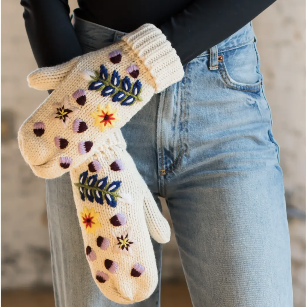 Acorn and Flowers Knit Mittens