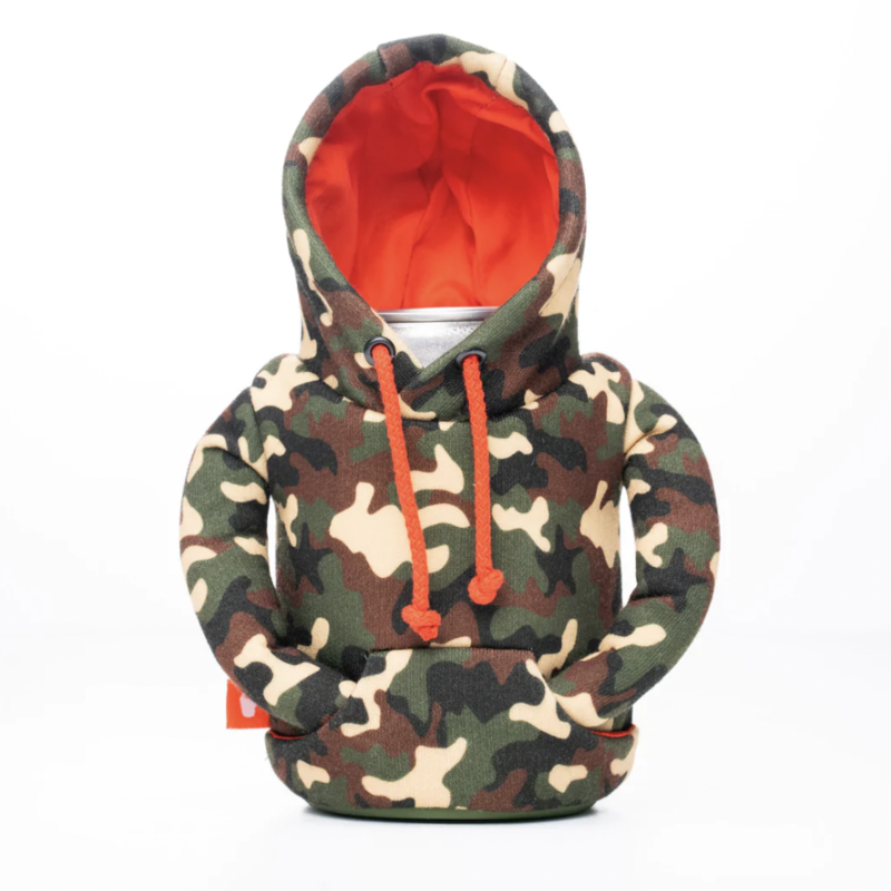 Puffin Drinkware Beverage Koozie Hoodie - Woodsy Camo/Puffin Red