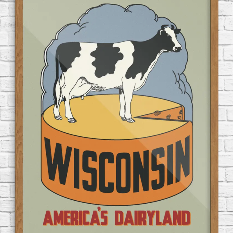 Wisconsin Dairyland Cow & Cheese Wheel Print 8x10