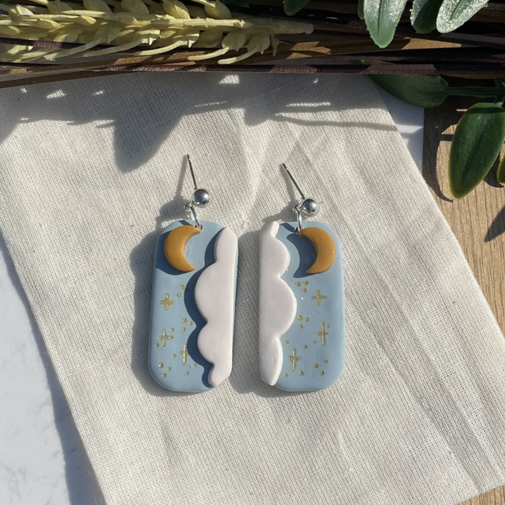 Hive and Honey Dreamy Clouds and Moons Rectangle Clay Earrings