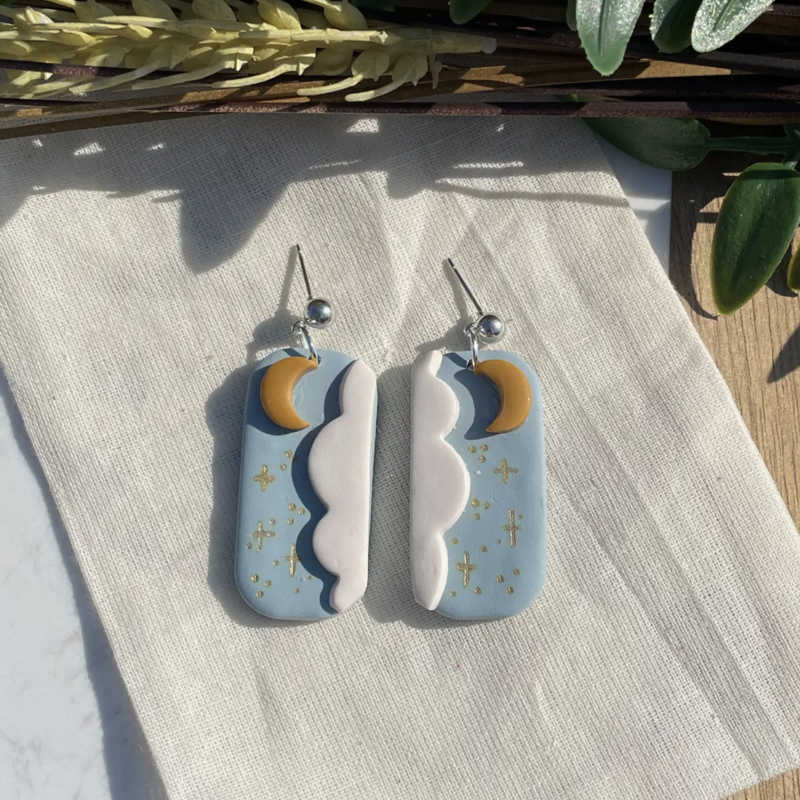 Dreamy Clouds and Moons Rectangle Clay Earrings