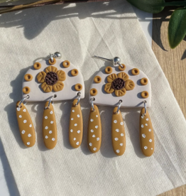 Hive and Honey Floral Polka Dotted Mustard Colored Clay Earrings