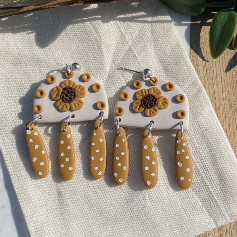 Floral Polka Dotted Mustard Colored Clay Earrings