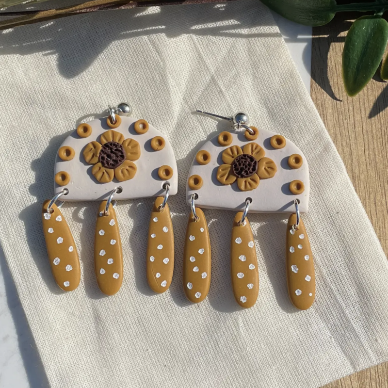 Hive and Honey Floral Polka Dotted Mustard Colored Clay Earrings