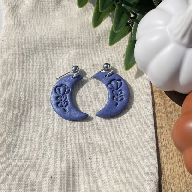 Midnight Pearl Floral Moon Clay Earrings