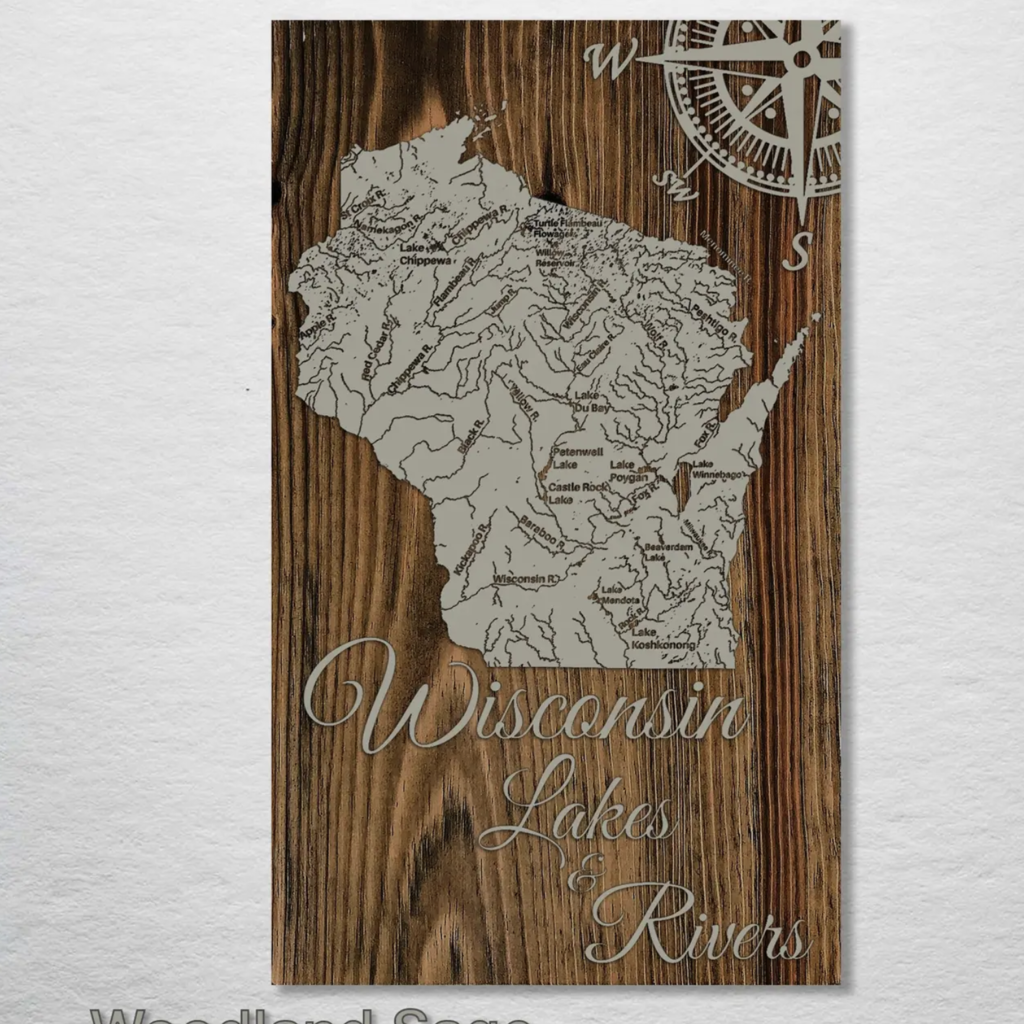 Wood Map: Wisconsin Lakes 7 Rivers (7.25” x 12”)