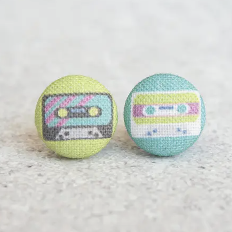 Volume One Fabric Button Earrings - Cassette Tapes