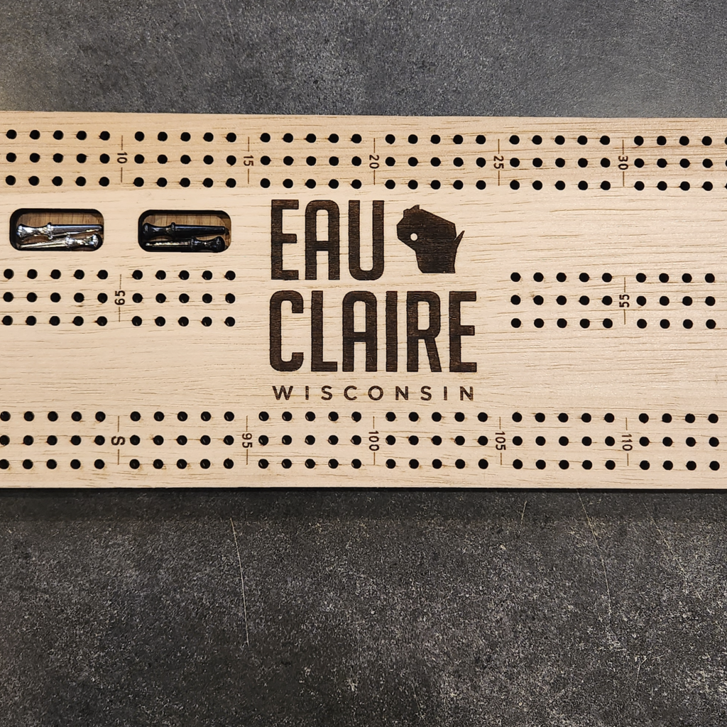 The Oaklair Woodcraft Eau Claire State Silhouette Cribbage Board