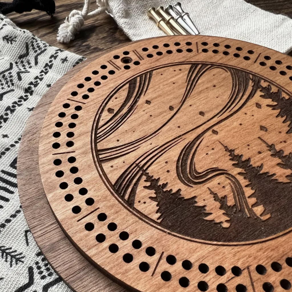North Country Craft Northern Lights Cribbage Board with Drawstring Bag