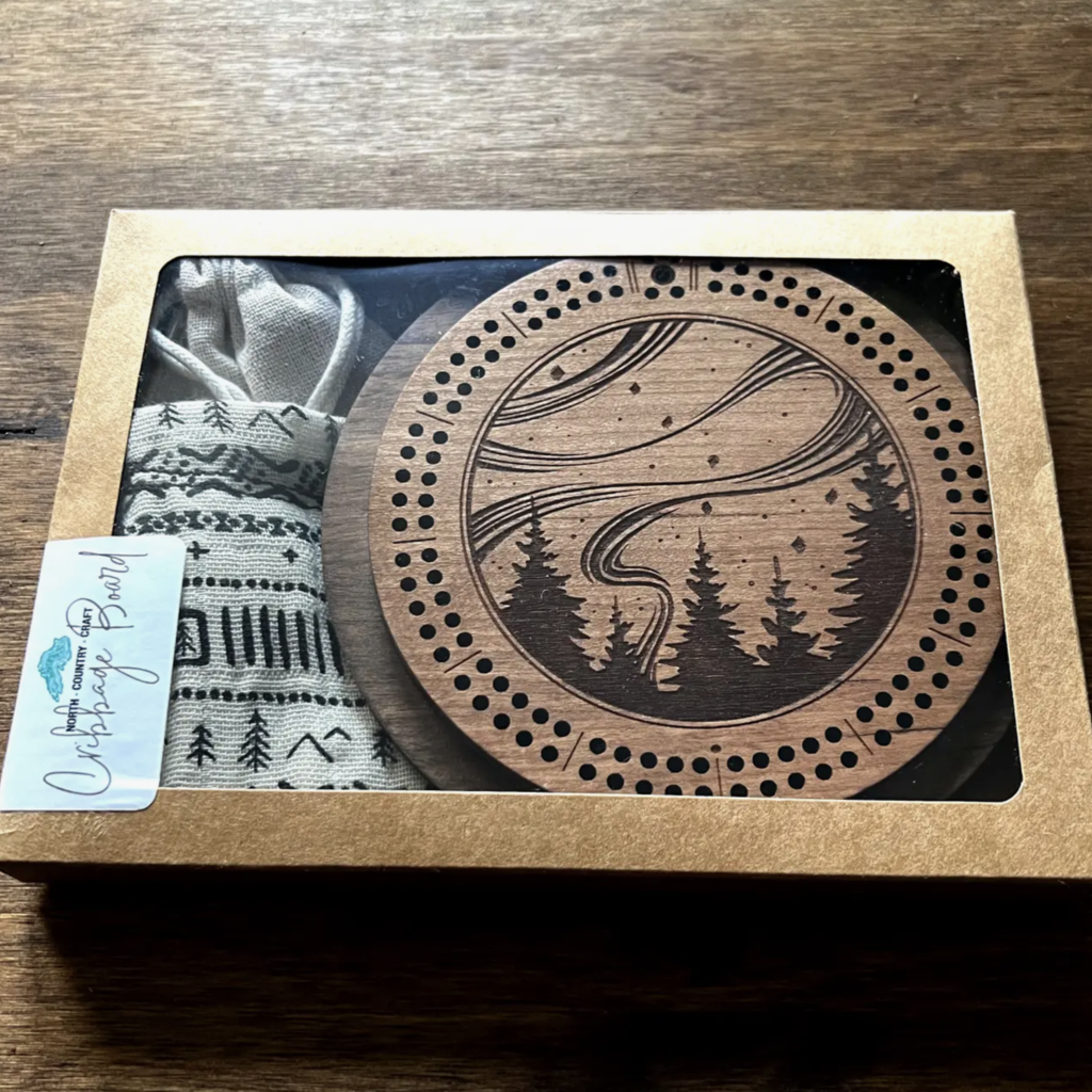 North Country Craft Northern Lights Cribbage Board with Drawstring Bag