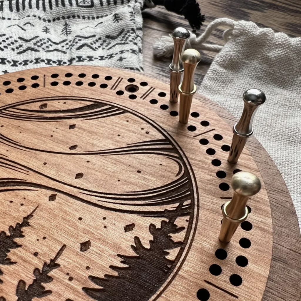 North Country Craft Northern Lights Cribbage Board with Drawstring Bag