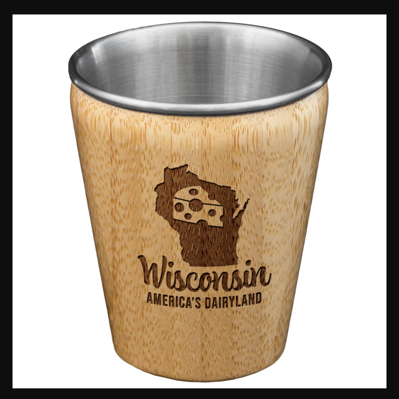 Wisconsin Engraved Bamboo Shot Glass with Stainless Steel