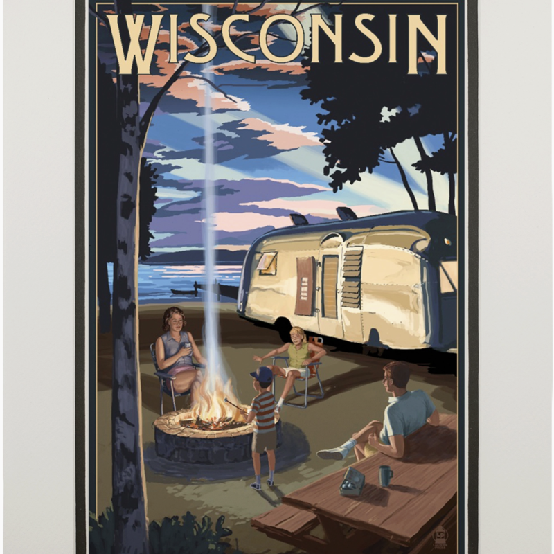 Volume One Wisconsin Retro Camper & Campfire Print (11x14)