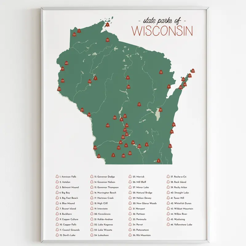 Fox and Felicity Wisconsin State Parks Map Poster 12x18"