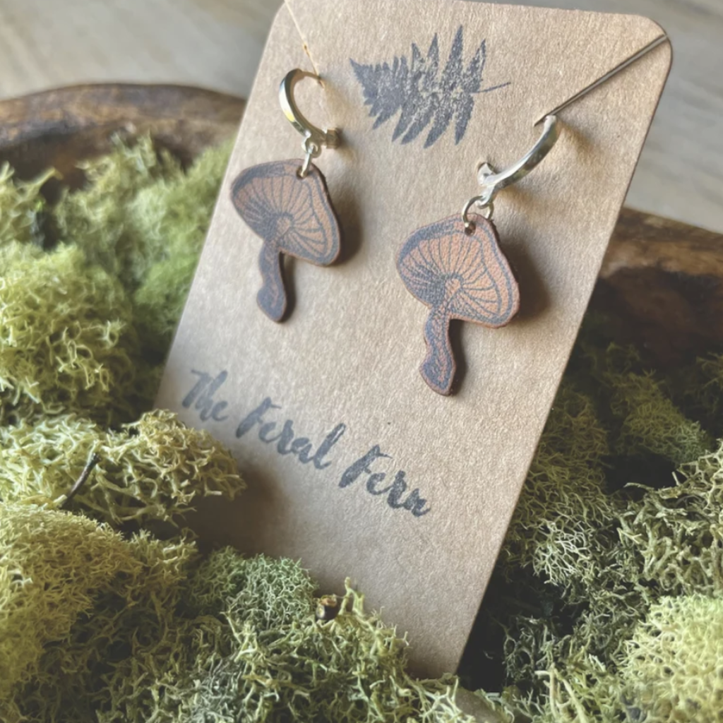 Leather Wavy Cap Mushroom Earrings