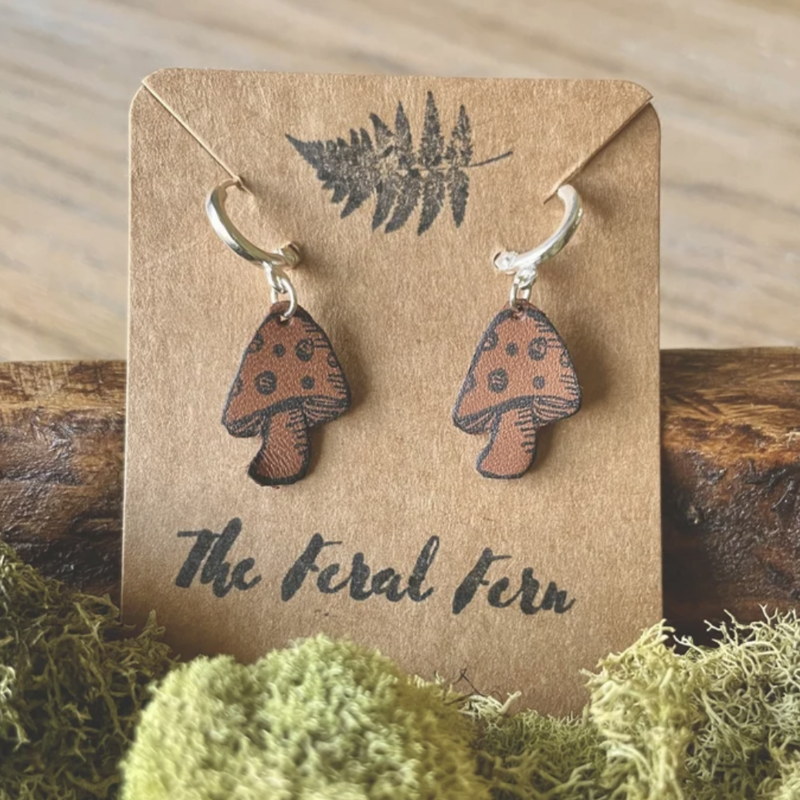 Leather Toadstool Mushroom Earrings