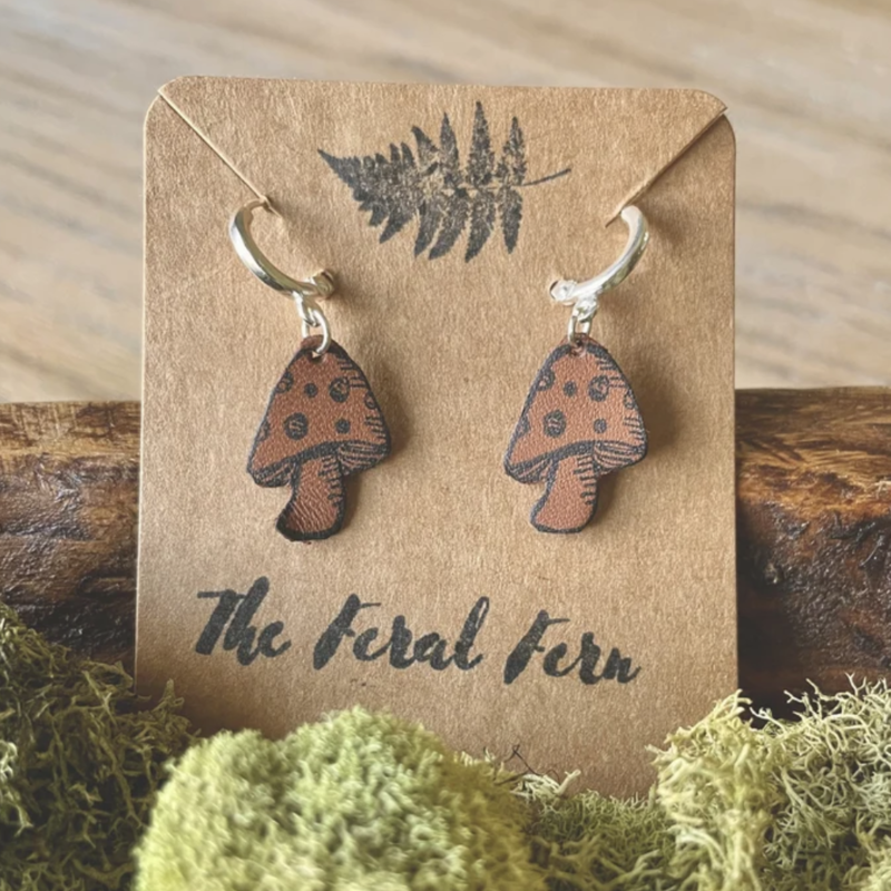 The Feral Fern Co Leather Toadstool Mushroom Earrings