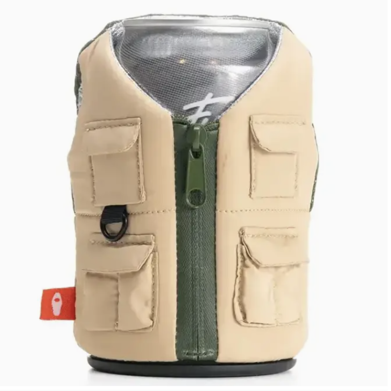 Puffin Drinkware Beverage Koozie Vest - Adventurer Tan and Olive Green