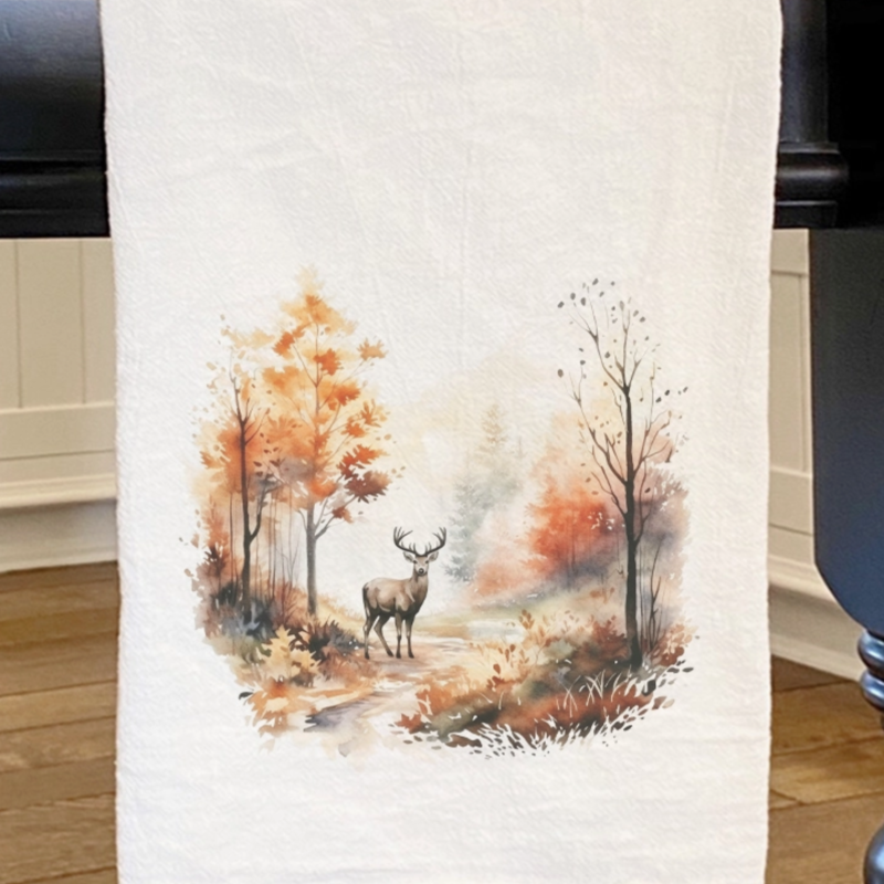 Watercolor Fall Forest and Deer Towel