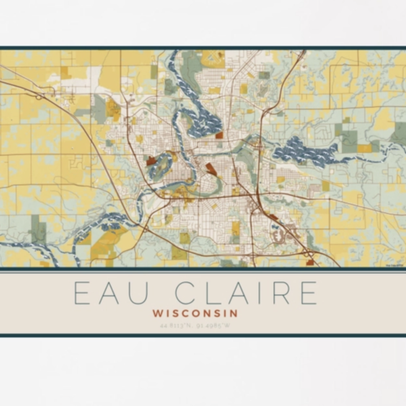 Eau Claire Map Woodblock - Landscape