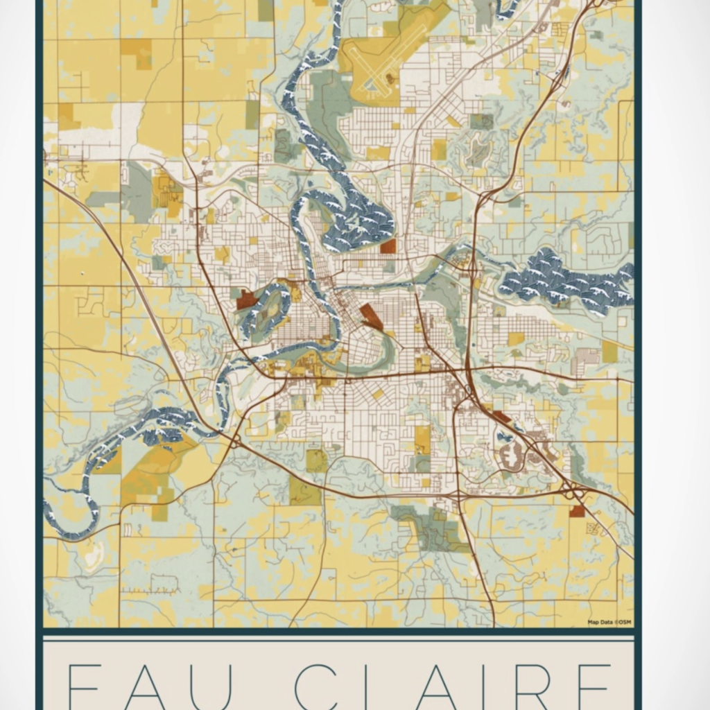 Volume One Eau Claire Woodblock Map Print (Portrait)