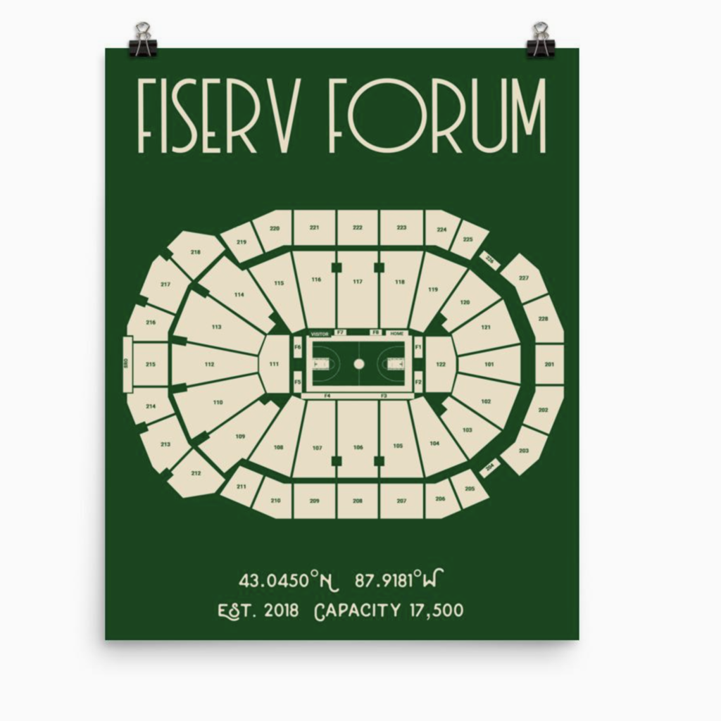 Milwaukee Bucks Fiserv Forum Stadium Print Team Colors 18x24