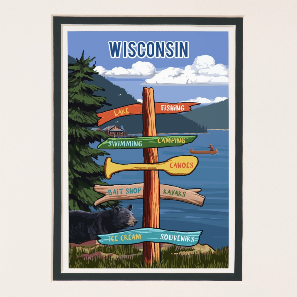 Volume One Wisconsin, Signpost, Lake & Bear Print 8x10