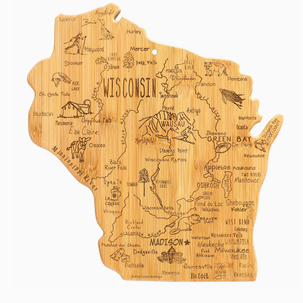 Totally Bamboo Wisconsin-Shaped Bamboo Cutting Board - State Map