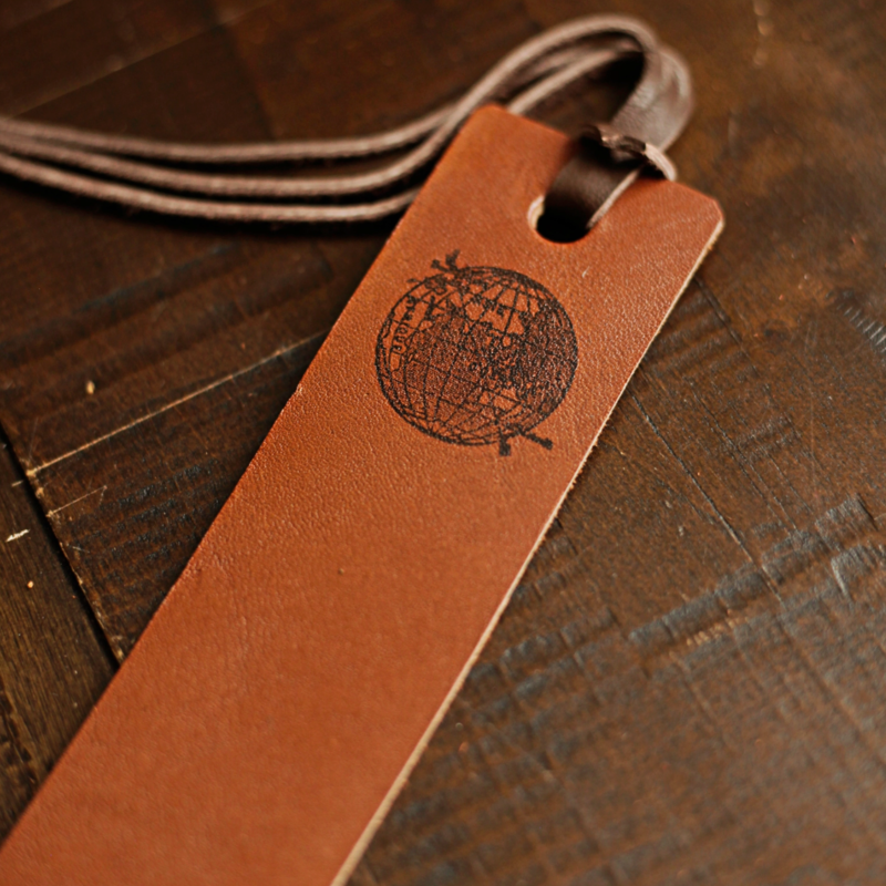 Leather bookmark - World
