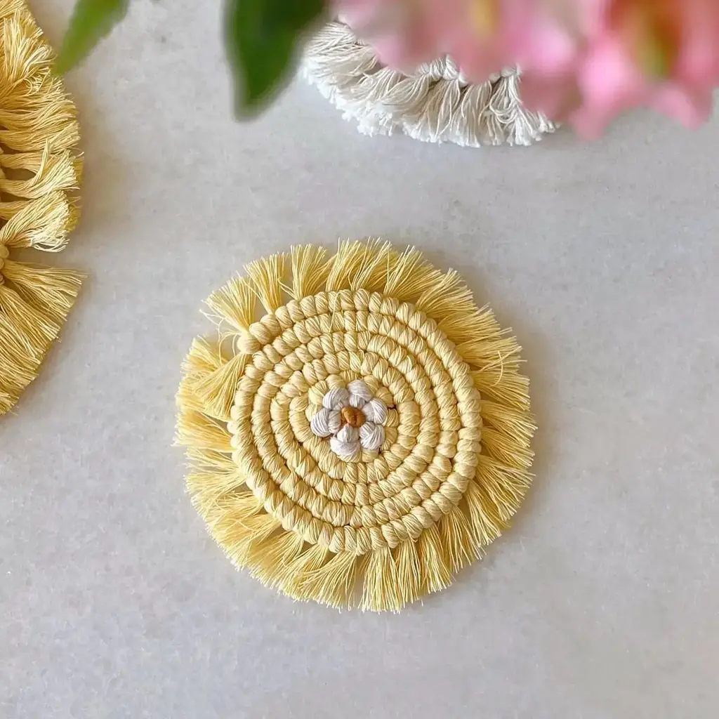 Meraki Handmade Collective Macrame Daisy Coaster - Butter