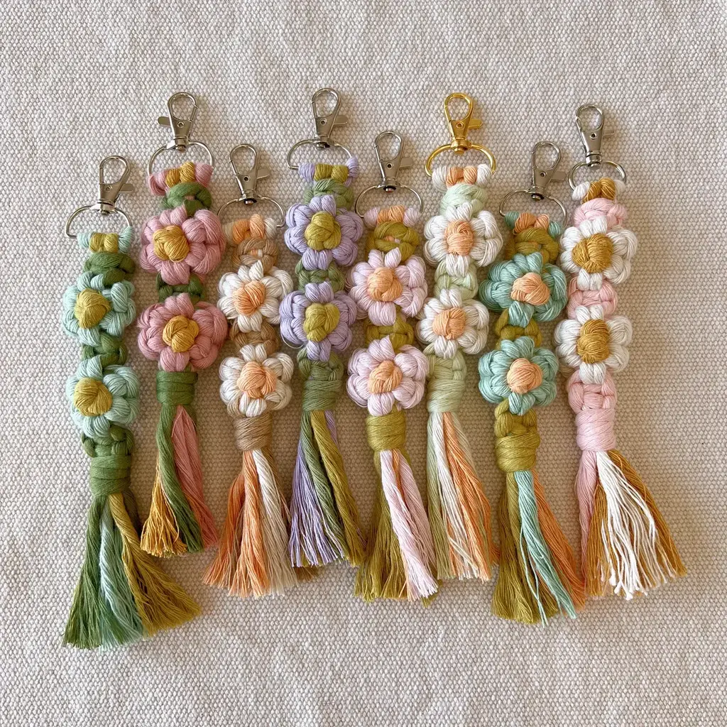 Meraki Handmade Collective Macrame Daisy Keychains - Tan