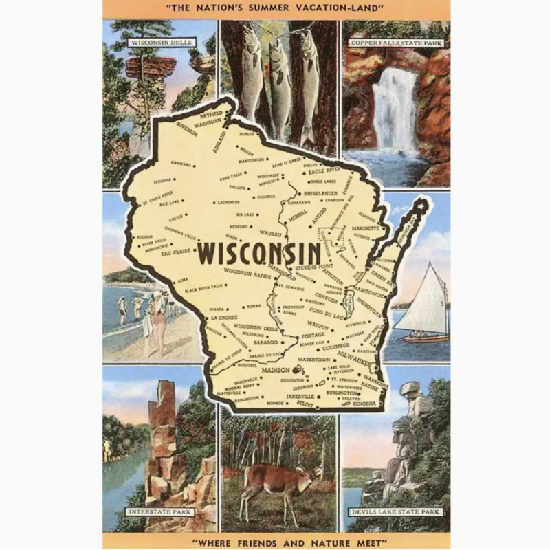 Found Image Press Postcard - Views of Wisconsin Map