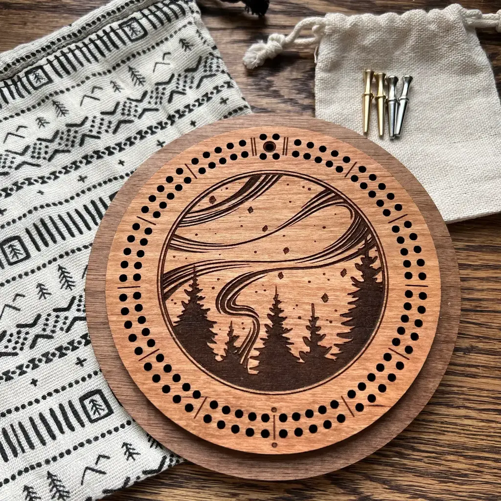 North Country Craft Northern Lights Cribbage Board with Drawstring Bag