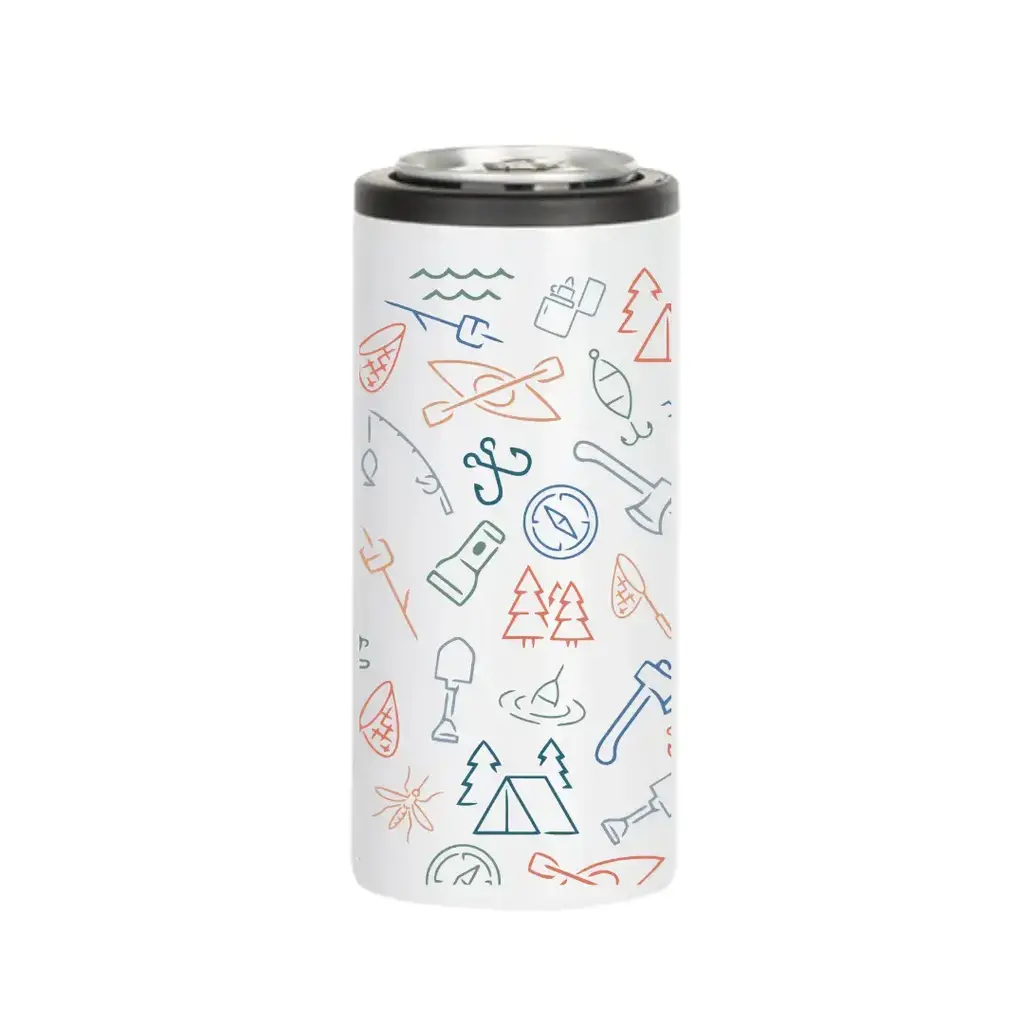 Skinny Insulated Can Koozie - Colorful Camping Icons