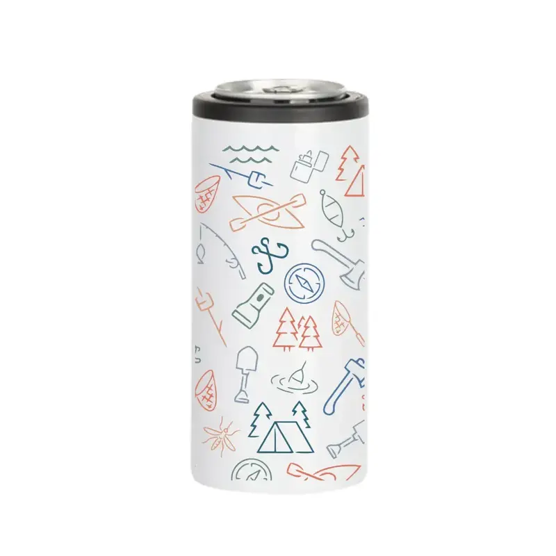 Skinny Insulated Can Koozie - Colorful Camping Icons